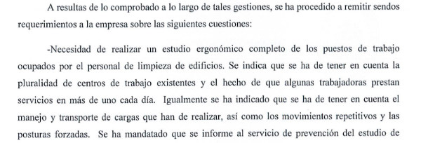 Extracto del requerimiento de la Inspección de Trabajo